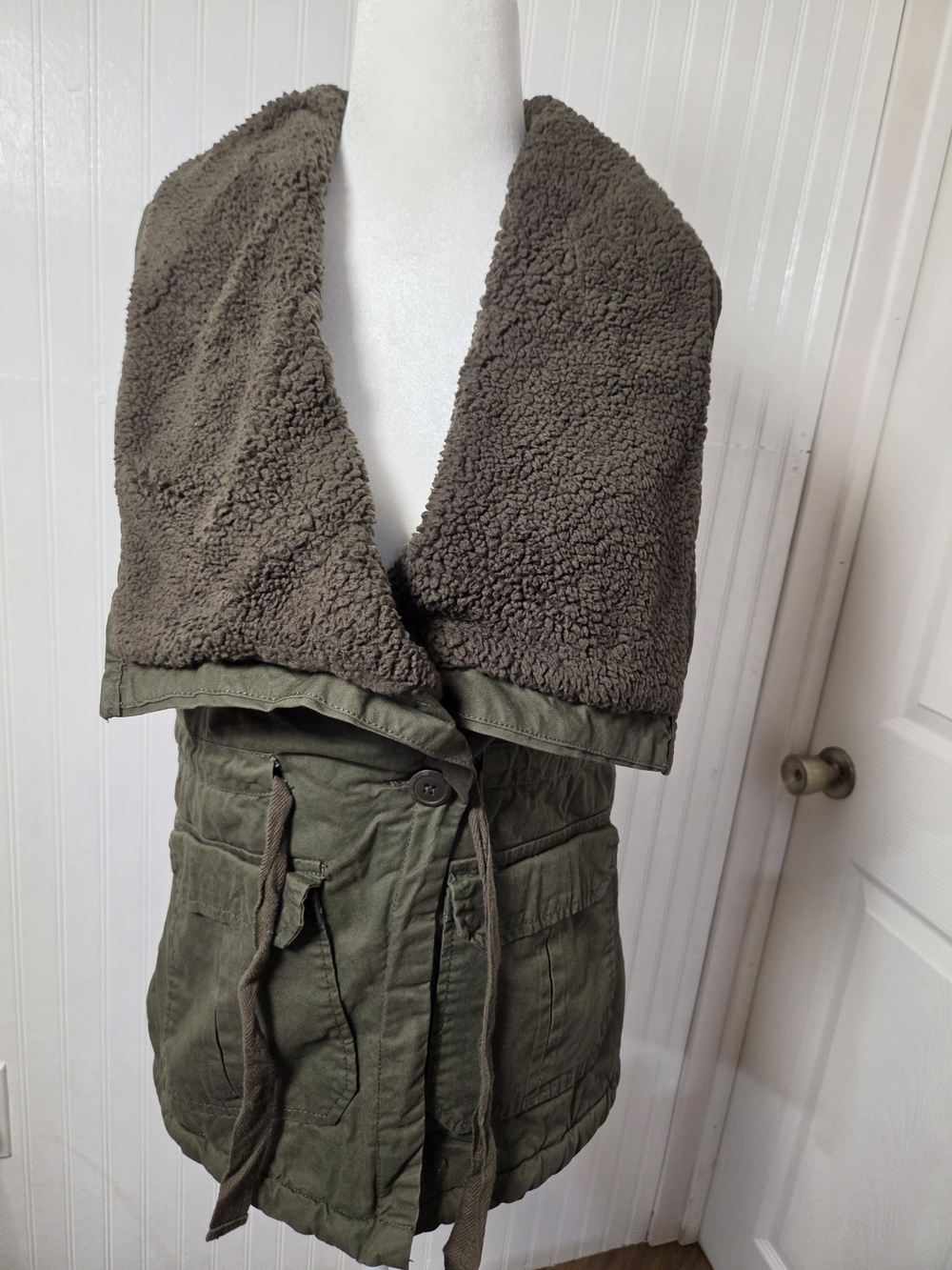 Rewind Olive Teddy Coat with Plush Shawl Collar